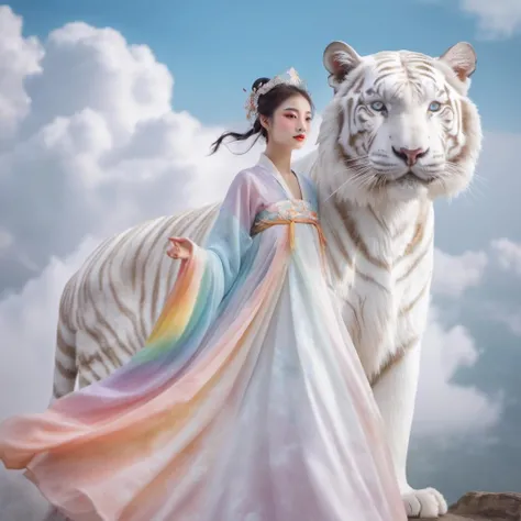 The impressionistic image is of a beautiful girl in rainbow-colored Hanfu soaring in the clouds on a giant white tiger. The girl has a perfect face and the scene is filled with swirling, dreamlike effects that enhance the surreal atmosphere. The composition uses the rule of thirds to depict the girl and her majestic mount. Soft focus and muted color palette create a dreamy atmosphere. Shoot with a fisheye lens for a wide-angle perspective.
