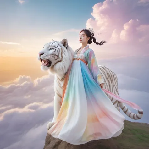 The impressionistic image is of a beautiful girl in rainbow-colored Hanfu soaring in the clouds on a giant white tiger. The girl has a perfect face and the scene is filled with swirling, dreamlike effects that enhance the surreal atmosphere. The composition uses the rule of thirds to depict the girl and her majestic mount. Soft focus and muted color palette create a dreamy atmosphere. Shoot with a fisheye lens for a wide-angle perspective.