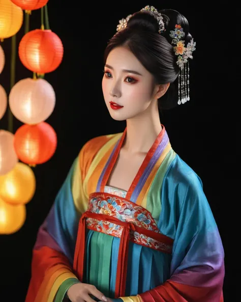 Impressionism, Beautiful Chinese Girl, Colorful Rainbow Colored Hanfu Paper Snowdrops, (In Circus: 0.3), Dark, Fractured Background, (Masterpiece, Highest Quality), 8K UHD, (Film Grain: 1.2), (Fujifilm XT3: 1.2), extremely detailed, close-up, pop art
