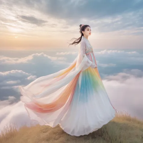 The impressionistic image is of a beautiful girl in rainbow-colored Hanfu soaring in the clouds on a giant white tiger. The girl has a perfect face and the scene is filled with swirling, dreamlike effects that enhance the surreal atmosphere. The composition uses the rule of thirds to depict the girl and her majestic mount. Soft focus and muted color palette create a dreamy atmosphere. Shoot with a fisheye lens for a wide-angle perspective.