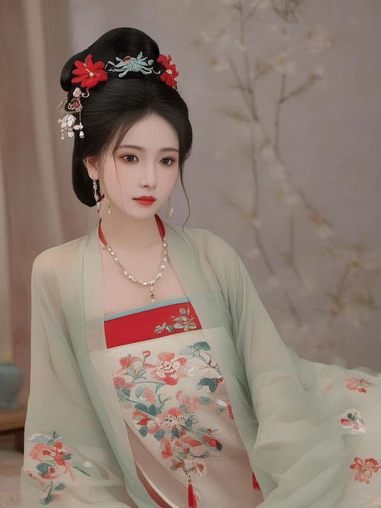 a girl in traditional dress while with a flowered design on it,1girl, solo, long hair, black hair, hair ornament, long sleeves, holding, jewelry, upper body, earrings, hair bun, Chinese clothes, red dress, realistic, looking at viewer, in the bedroom