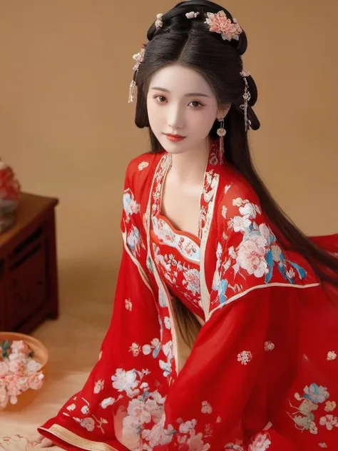 a girl in traditional dress while with a flowered design on it,1girl, solo, long hair, black hair, hair ornament, long sleeves, holding, jewelry, upper body, earrings, hair bun, Chinese clothes, red dress, realistic， looking at viewer, in the bedroom