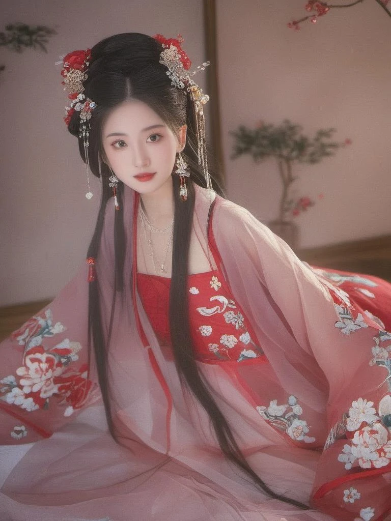 a girl in traditional dress while with a flowered design on it,1girl, solo, long hair, black hair, hair ornament, long sleeves, holding, jewelry, upper body, earrings, hair bun, Chinese clothes, red dress, realistic， looking at viewer, in the bedroom