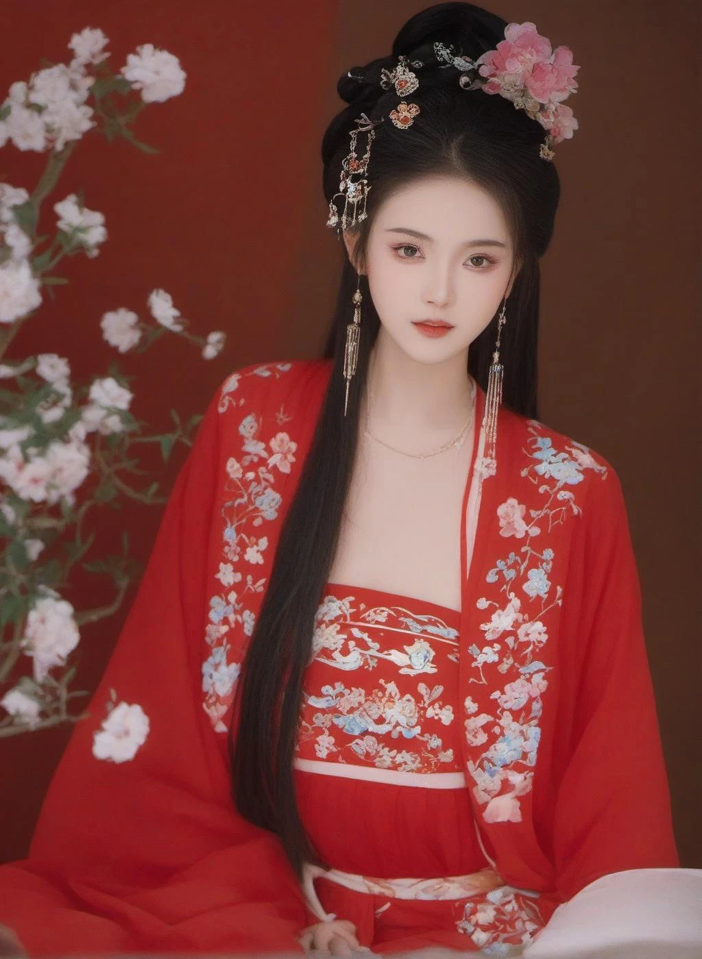 a girl in traditional dress while with a flowered design on it,1girl, solo, long hair, black hair, hair ornament, long sleeves, holding, jewelry, upper body, earrings, hair bun, Chinese clothes, red dress, realistic, looking at viewer, in the bedroom