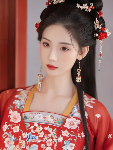 a girl in traditional dress while with a flowered design on it,1girl, solo, long hair, black hair, hair ornament, long sleeves, holding, jewelry, upper body, earrings, hair bun, Chinese clothes, red dress, realistic， looking at the viewer, in the bedroom, portrait, (4k, 8k, high quality, skin texture)
((Skin details))