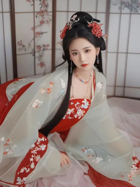 a girl in traditional dress while with a flowered design on it,1girl, solo, long hair, black hair, hair ornament, long sleeves, holding, jewelry, upper body, earrings, hair bun, Chinese clothes, red dress, realistic， looking at viewer, in the bedroom