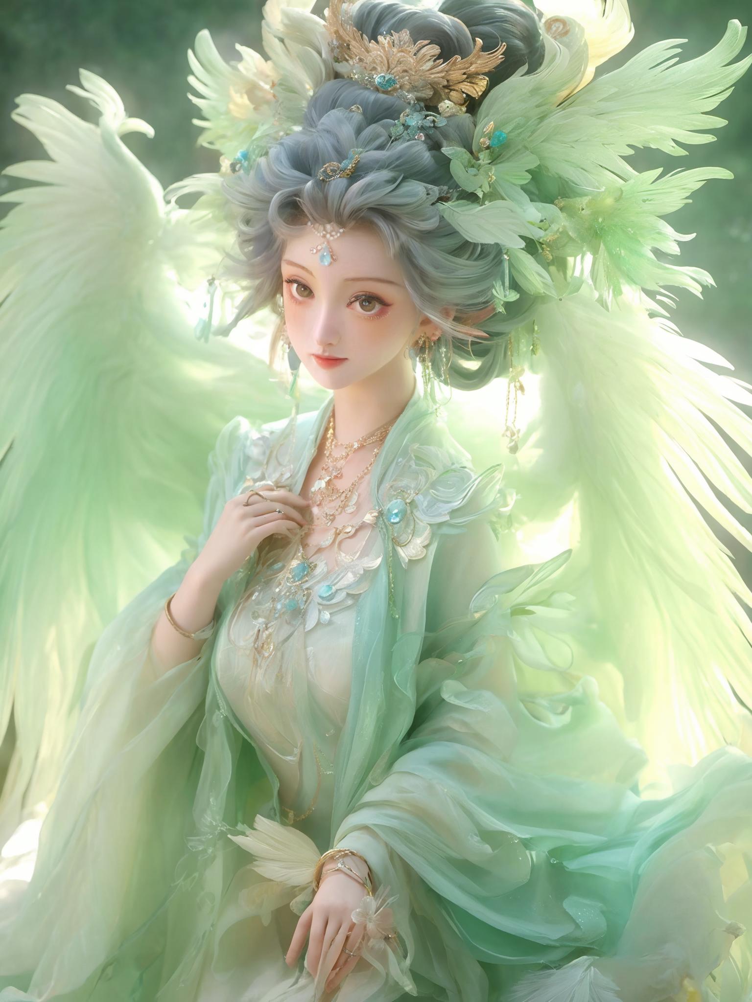 There is a woman with a green dress and a white feathered hat - SeaArt AI