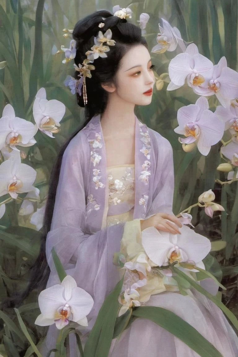 On a spring morning, a delicate orchid blooms in the garden, emitting a faint fragrance. In this sea of orchids, an ancient girl wears a graceful Hanfu, and her hair is adorned with exquisite floral decorations, complementing the elegance of orchids. She lightly stepped on the soft grass, stroking the petals of the orchid with her delicate hands, as if in a heart-to-heart conversation with the flowers. The gentle breeze caressed her sleeves, like the peaceful notes of spring, making this scene even more beautiful and peaceful..Orchids form a vortex around the girl
(Glowing ambiance, enchanting radiance, luminous lighting, ethereal atmosphere, mesmerizing glow, evocative hues, captivating coloration, dramatic lighting, enchanting aura), ((moon:1)), (masterpiece, top quality, best quality, official art, beautiful and aesthetic:1.2), extreme detailed,(joshua middleton comic cover art:1.2), (Action painting:1.3),(concretism:1.3),theater dance scene,(hypermaximalistic:1.5),colorful,highest detailed,
xdgb style<lora:xdgb:1>