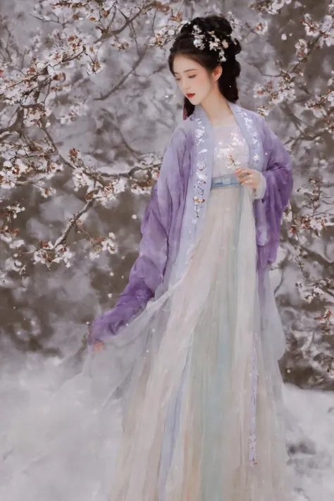 The cold wind of winter is blowing the earth, and a silver snowflake is falling one after another. In this quiet winter, a towering plum blossom shines with unique charm in the snow. At the same time, an antique girl was dressed in a gorgeous winter Hanfu, her long hair falling like a waterfall, complementing the pure white of plum blossoms. She walked gracefully on the snow, her delicate hands gently touching the petals of plum blossoms, as if in conversation with the beauty of strength in the cold winter. Her beauty is like winter sunshine, illuminating the entire ice and snow world, making people warm and moved.
(Glowing ambiance, enchanting radiance, luminous lighting, ethereal atmosphere, mesmerizing glow, evocative hues, captivating coloration, dramatic lighting, enchanting aura), ((moon:1)), (masterpiece, top quality, best quality, official art, beautiful and aesthetic:1.2), extreme detailed,(joshua middleton comic cover art:1.2), (Action painting:1.3),(concretism:1.3),theater dance scene,(hypermaximalistic:1.5),colorful,highest detailed,
xdgb style<lora:xdgb:1>