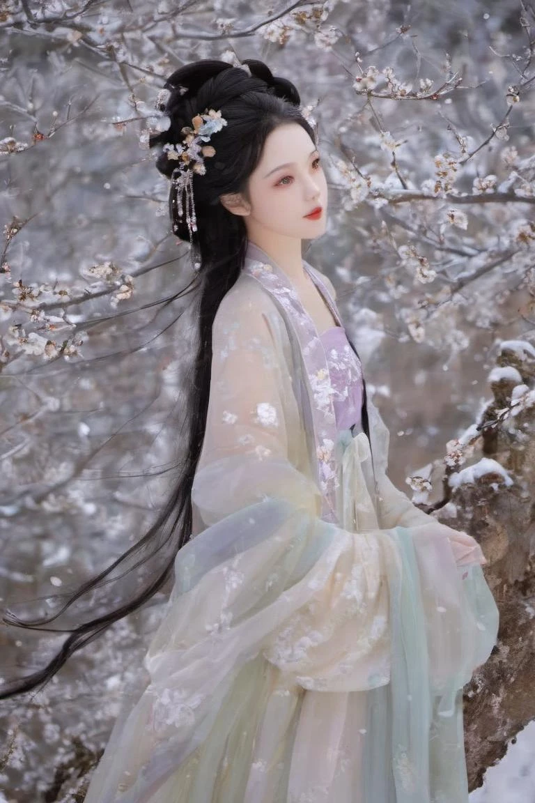 The cold wind of winter is blowing the earth, and a silver snowflake is falling one after another. In this quiet winter, a towering plum blossom shines with unique charm in the snow. At the same time, an antique girl was dressed in a gorgeous winter Hanfu, her long hair falling like a waterfall, complementing the pure white of plum blossoms. She walked gracefully on the snow, her delicate hands gently touching the petals of plum blossoms, as if in conversation with the beauty of strength in the cold winter. Her beauty is like winter sunshine, illuminating the entire ice and snow world, making people warm and moved.
(Glowing ambiance, enchanting radiance, luminous lighting, ethereal atmosphere, mesmerizing glow, evocative hues, captivating coloration, dramatic lighting, enchanting aura), ((moon:1)), (masterpiece, top quality, best quality, official art, beautiful and aesthetic:1.2), extreme detailed,(joshua middleton comic cover art:1.2), (Action painting:1.3),(concretism:1.3),theater dance scene,(hypermaximalistic:1.5),colorful,highest detailed,
xdgb style<lora:xdgb:1>