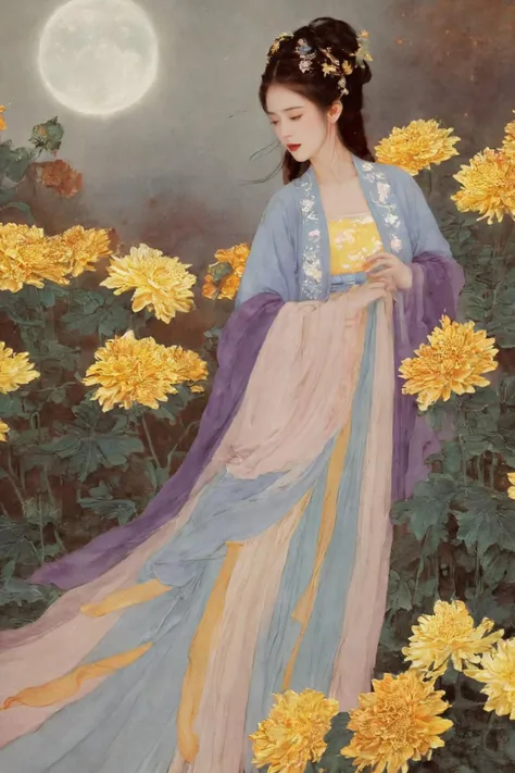 On an autumn afternoon, a sea of golden chrysanthemums sways in the wind. In this sea of flowers, an ancient girl dressed in a luxurious Hanfu came lightly. Her long hair fell like a black waterfall, her eyebrows curved like a painting, and she was as beautiful as chrysanthemums. She quietly stepped on the soft chrysanthemum carpet, smiling and shining with the blooming chrysanthemums. Her temperament is elegant, like a chrysanthemum fairy descending to the mortal world, immersing the entire autumn world in her beauty and fragrance. The breeze blew, and the fallen leaves danced gracefully, accompanying her footsteps, composing a piece of autumn music together.
(Glowing ambiance, enchanting radiance, luminous lighting, ethereal atmosphere, mesmerizing glow, evocative hues, captivating coloration, dramatic lighting, enchanting aura), ((moon:1)), (masterpiece, top quality, best quality, official art, beautiful and aesthetic:1.2), extreme detailed,(joshua middleton comic cover art:1.2), (Action painting:1.3),(concretism:1.3),theater dance scene,(hypermaximalistic:1.5),colorful,highest detailed,
xdgb style<lora:xdgb:1>