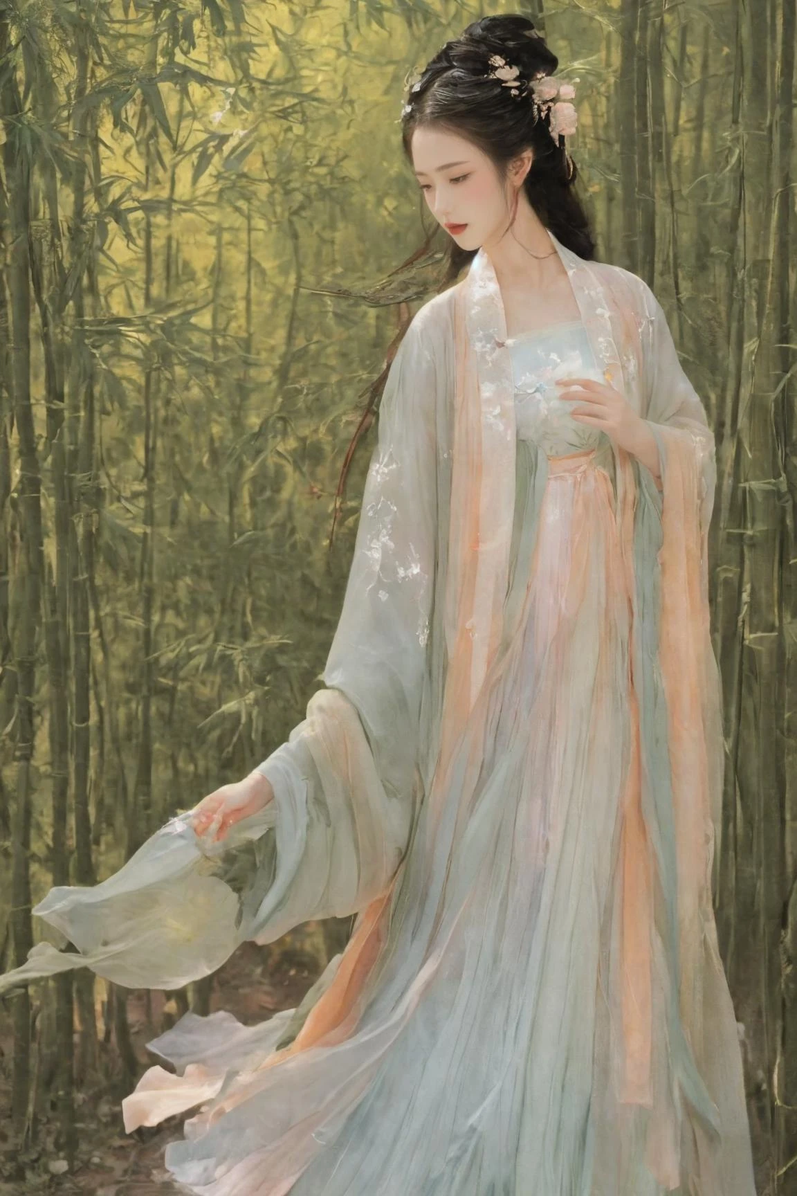 On a summer afternoon, the sun shines brightly through the bamboo forest. In this lush bamboo sea, an ancient girl wears a cool Hanfu, and her long hair flutters in the wind like a graceful flower. She walked lightly between the bamboo groves, her features picturesque, as if she were a fairy in the bamboo grove, shining with each other, creating a peaceful and peaceful summer atmosphere.
(Glowing ambiance, enchanting radiance, luminous lighting, ethereal atmosphere, mesmerizing glow, evocative hues, captivating coloration, dramatic lighting, enchanting aura), ((moon:1)), (masterpiece, top quality, best quality, official art, beautiful and aesthetic:1.2), extreme detailed,(joshua middleton comic cover art:1.2), (Action painting:1.3),(concretism:1.3),theater dance scene,(hypermaximalistic:1.5),colorful,highest detailed,
xdgb style<lora:xdgb:1>