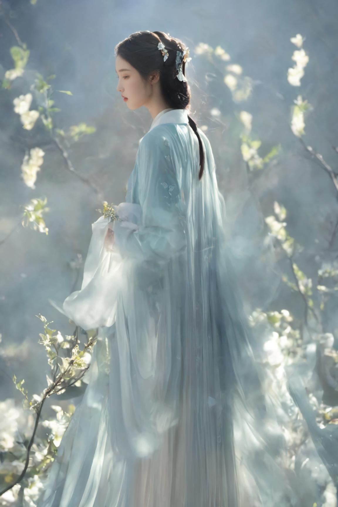A woman in a blue dress standing in a field of flowers - SeaArt AI