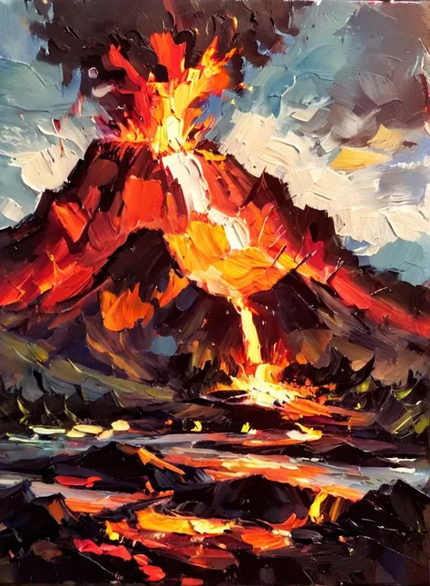 palette knife painting of an exploding volcano, lava, fiery <lora:EldritchPaletteKnife:1>