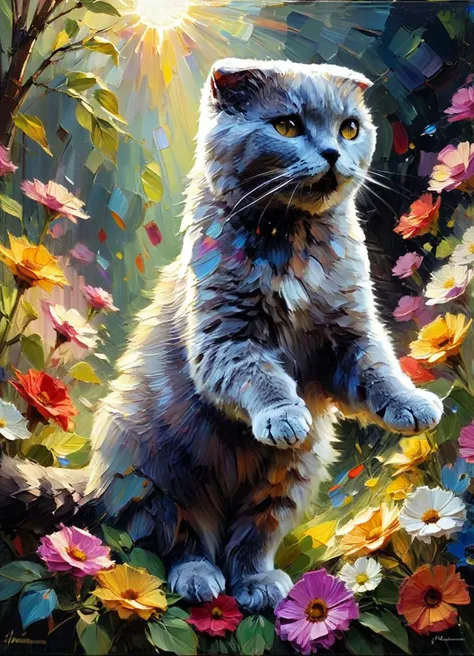 the sun shines through a gray cat,colorful flowers,(a cat jumps after a sunbeam:1.2),done in dynamics,((style of Henry Asencio)),4k,uhd,masterpiece,rnon-representational,colors and shapes,expression of feelings,imaginative,highly detailed,cool color balance,sharp,detail,highly detailed,warm light,bright colors,optimistic,glowing,rich deep complex,magical,cinematic atmosphere,pristine,<lora:EldritchPaletteKnife:0.6>,<lora:aleksA4sdxl_128_64>,