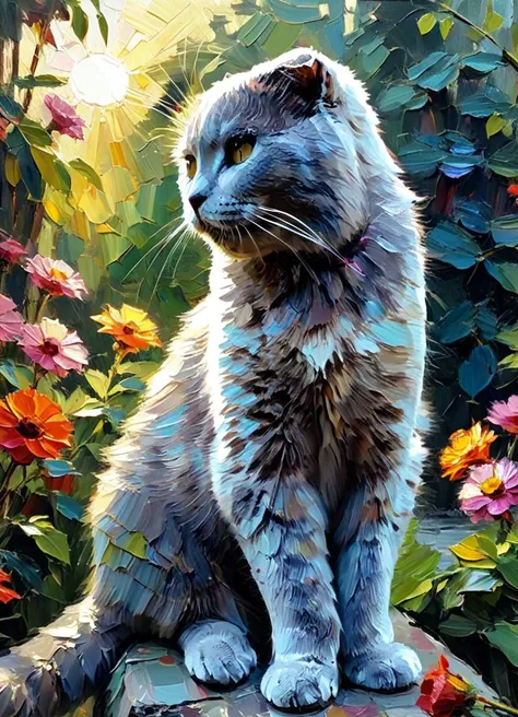 abstract style overgrown brutalism,the sun shines through a gray cat,colorful flowers,cat plays with a sunbeam,((style of Henry Asencio)),4k,uhd,masterpiece,rnon-representational,colors and shapes,expression of feelings,imaginative,highly detailed,cool color balance,sharp,detail,highly detailed,warm light,bright colors,optimistic,glowing,rich deep complex,magical,cinematic atmosphere,pristine,<lora:EldritchPaletteKnife:0.6>,<lora:aleksA4sdxl_128_64:0.95>,