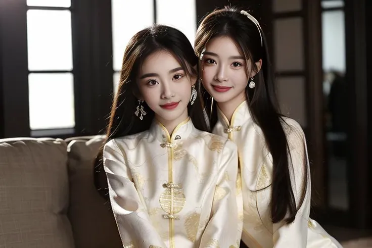 ltra-detailed,highly detailed,best quality,masterpiece,illustration,realistic,photorealistic,
banniang-qipao, multiple girls, 2girls, yuri,
china dress, chinese clothes, long sleeves, white dress,
jewelry, earrings, hairband, bracelet,
bangs, long hair, ponytail, hair pulled back,
looking at viewer, sitting, smile, hug,
window, white flower, indoors, day, looking at another,
<lora:banniang qipao_v1_05:0.7>