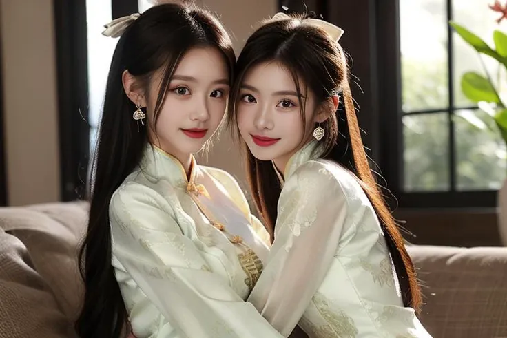 ltra-detailed,highly detailed,best quality,masterpiece,illustration,realistic,photorealistic,
banniang-qipao, multiple girls, 2girls, yuri,
china dress, chinese clothes, long sleeves, white dress,
jewelry, earrings, hairband, bracelet,
bangs, long hair, ponytail, hair pulled back,
looking at viewer, sitting, smile, hug,
window, white flower, indoors, day, looking at another,
<lora:banniang qipao_v1_05:0.7>