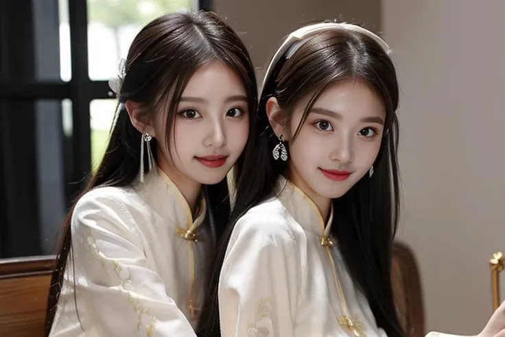 ltra-detailed,highly detailed,best quality,masterpiece,illustration,realistic,photorealistic,
banniang-qipao, multiple girls, 2girls, yuri,
china dress, chinese clothes, long sleeves, white dress,
jewelry, earrings, hairband, bracelet,
bangs, long hair, ponytail, hair pulled back,
looking at viewer, sitting, smile, hug,
window, white flower, indoors, day, looking at another,
<lora:banniang qipao_v1_05:0.7>