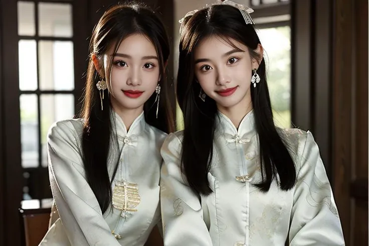 ltra-detailed,highly detailed,best quality,masterpiece,illustration,realistic,photorealistic,
banniang-qipao, multiple girls, 2girls, yuri,
china dress, chinese clothes, long sleeves, white dress,
jewelry, earrings, hairband, bracelet,
bangs, long hair, ponytail, hair pulled back,
looking at viewer, sitting, smile, hug,
window, white flower, indoors, day, looking at another,
<lora:banniang qipao_v1_05:0.7>