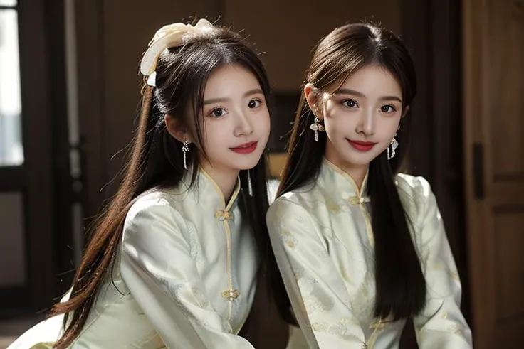 ltra-detailed,highly detailed,best quality,masterpiece,illustration,realistic,photorealistic,
banniang-qipao, multiple girls, 2girls, yuri,
china dress, chinese clothes, long sleeves, white dress,
jewelry, earrings, hairband, bracelet,
bangs, long hair, ponytail, hair pulled back,
looking at viewer, sitting, smile, hug,
window, white flower, indoors, day, looking at another,
<lora:banniang qipao_v1_05:0.7>