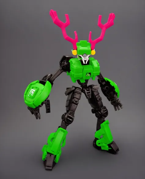 mecha, solo, humanoid robot, grey background, standing, lego, bionicle, armored, sword, antlers, <lora:djok-000015:0.85>