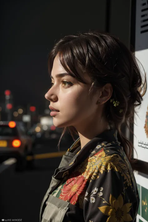1girl, (designed by Alpo Jaakola:0.7) , awardwinning Abstract, dense cityscape and Leo constellation in background, intricate details, side-profile of a Photorealism Cluttered ("The Afghanistan War":1.3) , flower field and Moss background, Fall, Very wide view, Magic Realism, Light and Bright, behance, Glowwave, Neon Light, Zoom lens, Kinemacolor, sfumato, poster art, Highres, octane engine