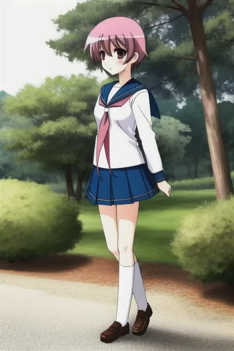 Saki <lora:ANIME_Saki_Characters:0.6> <lora:ANIME_beautifulDetailedEyes_v10:0.4>, 1girl, school uniform, long pink hair, walking in a forest
