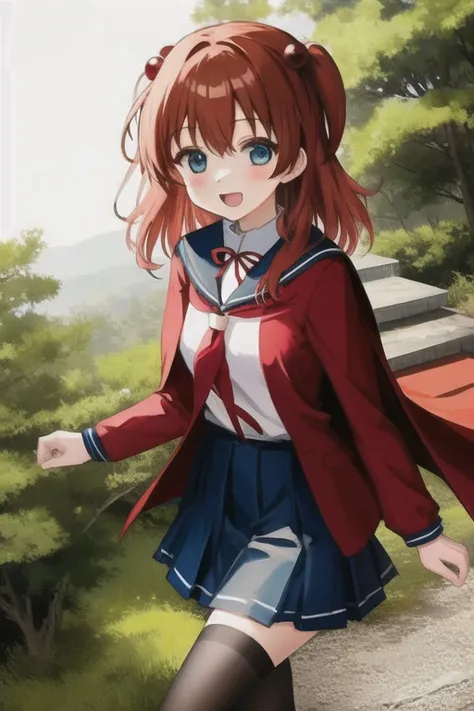 Yuki <lora:ANIME_sakiAnimeCharacters_V2ResizedD1r32:0.6> <lora:ANIME_beautifulDetailedEyes_v10:0.4>, 1girl, school uniform, walking in a forest, red cape