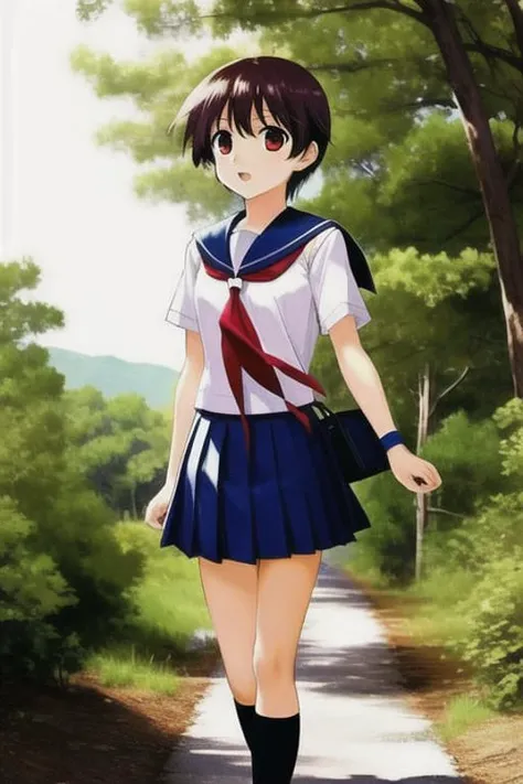 Saki <lora:ANIME_sakiAnimeCharacters_V2ResizedD1r32:0.6> <lora:ANIME_beautifulDetailedEyes_v10:0.4>, 1girl, school uniform, walking in a forest