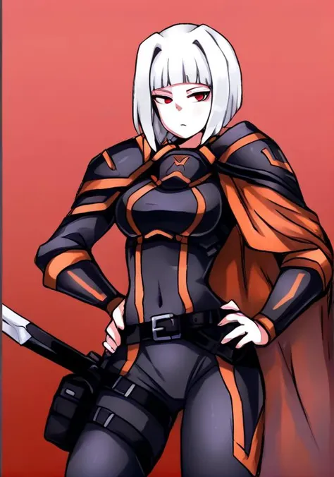 <lora:Myo_LOR_Model:1>, LibMyo, 1girl, solo, breasts, short hair, bangs, red eyes, holding, closed mouth, weapon, white hair, belt, sword, blunt bangs, cape, holding weapon, armor, gradient, hand on hip, gradient background, bodysuit, covered navel, glowing, holding sword, bob cut, shoulder armor, sheath, red background, pauldrons, pouch, sheathed, red cape, vambraces, scabbard, belt pouch, unsheathing