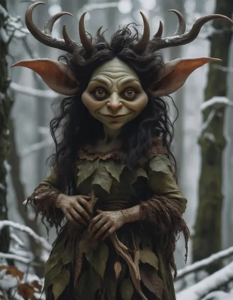 <lora:Wendy Froud Style:1> (wendy froud style), (cinematic movie still of a sad chubby dark hair a fairytale hobgoblin lady, wearing leaf dress antlers:1.2),
BREAK (standing in a winter forest, snow:1.2), 8k UHD, detail, (atmospheric:1.1) (sharp focus:1.2), Dark Crystal style, dark fantasy
