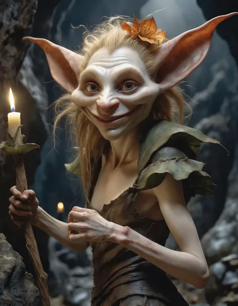 <lora:Wendy Froud Style:1> (wendy froud style), (cinematic movie still of a smiling lithe blonde a fairytale hobgoblin lady, wearing flower dress, bright fireflies, pale skin:1.2),
BREAK (standing in a dark cave with candles:1.2), 8k UHD, detail, (dramatic light:1.1) (sharp focus:1.2), Dark Crystal style, dark fantasy <lora:shift-zero:0.2>