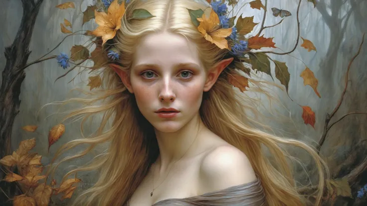 <lora:Wendy Froud Style:1> (brian froud style), cinematic movie still of a (elegant elf woman:1.15), (sad chubby blonde, wearing silk dress with flowers, bright fireflies, pale skin:1.2),
BREAK (standing in a autumn stream:1.2), 8k UHD, detail, (rain:1.1) (sharp focus:1.2), <lora:shift-zero:0.2>
