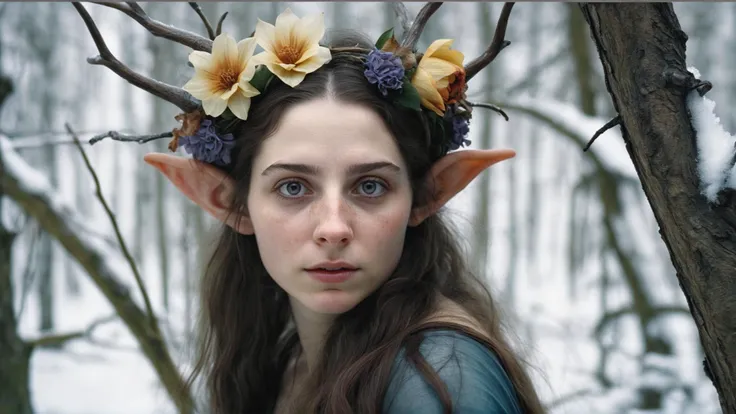 <lora:Wendy Froud Style:1> (wendy froud style), cinematic movie still of a (elegant elf woman:1.15), (sad fat dark hair, wearing silk dress with flowers, flower crown, grey skin:1.2), 
BREAK (standing in a winter forest, snow:1.2), 8k UHD, detail, (atmospheric:1.1) (sharp focus:1.2), Dark Crystal style, dark fantasy <lora:shift-zero:0.2>