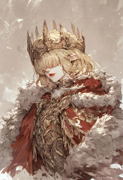 score_9, score_8_up, score_7_up, score_6_up, score_5_up, score_4_up, 1girl, pale skin, blonde hair, french braid, sidelocks, medium hair, pointy ears, hair over eyes, cape, fur trim, crown, red lips