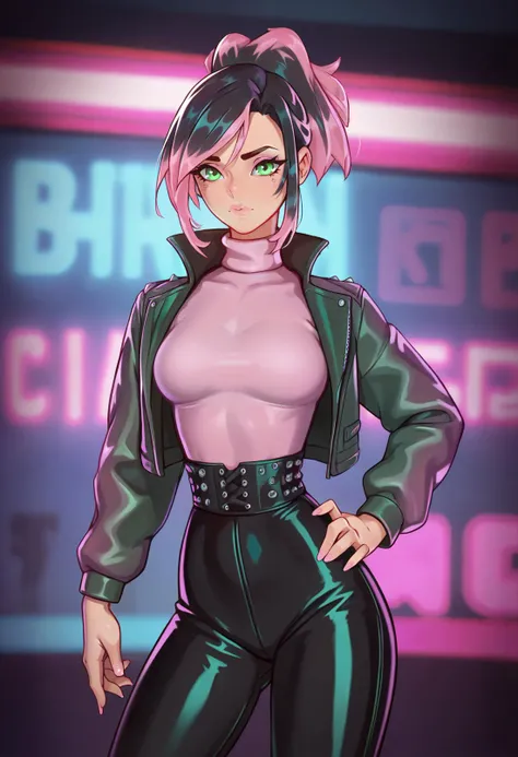 score_9, score_8_up, score_7_up BREAK solo, 1girl, cowboy shot, nightclub, neon lights, bokeh, depth of field, black hair, pink dyed hair, ponytail, bangs, green eyes, freckles, makeup, leather jacket, turtleneck, high waist pants <lora:mixplin_pd:1>