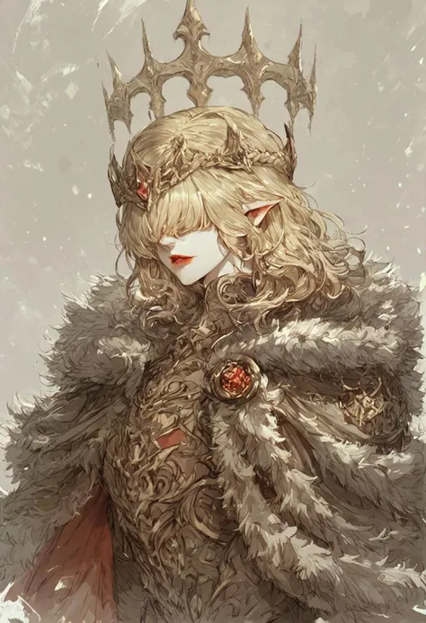 score_9, score_8_up, score_7_up, score_6_up, score_5_up, score_4_up, 1girl, pale skin, blonde hair, french braid, sidelocks, medium hair, pointy ears, hair over eyes, cape, fur trim, crown, red lips