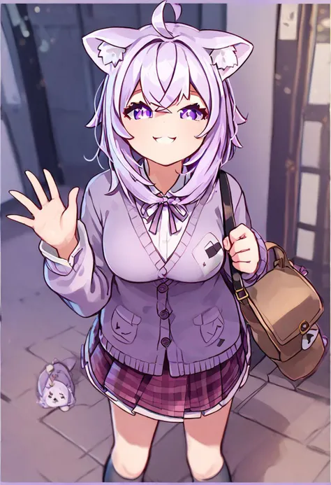 score_9, score_8_up, score_7_up, read_description, highly detailed, 1girl, ((solo)), nekomata okayu, nekomata okayu default, animal ear fluff, white shirt ,holding her arm out, bag, skirt, smile, looking at viewer, waving, cardigan, socks, ahoge, shirt, perfect hands, perfect eyes