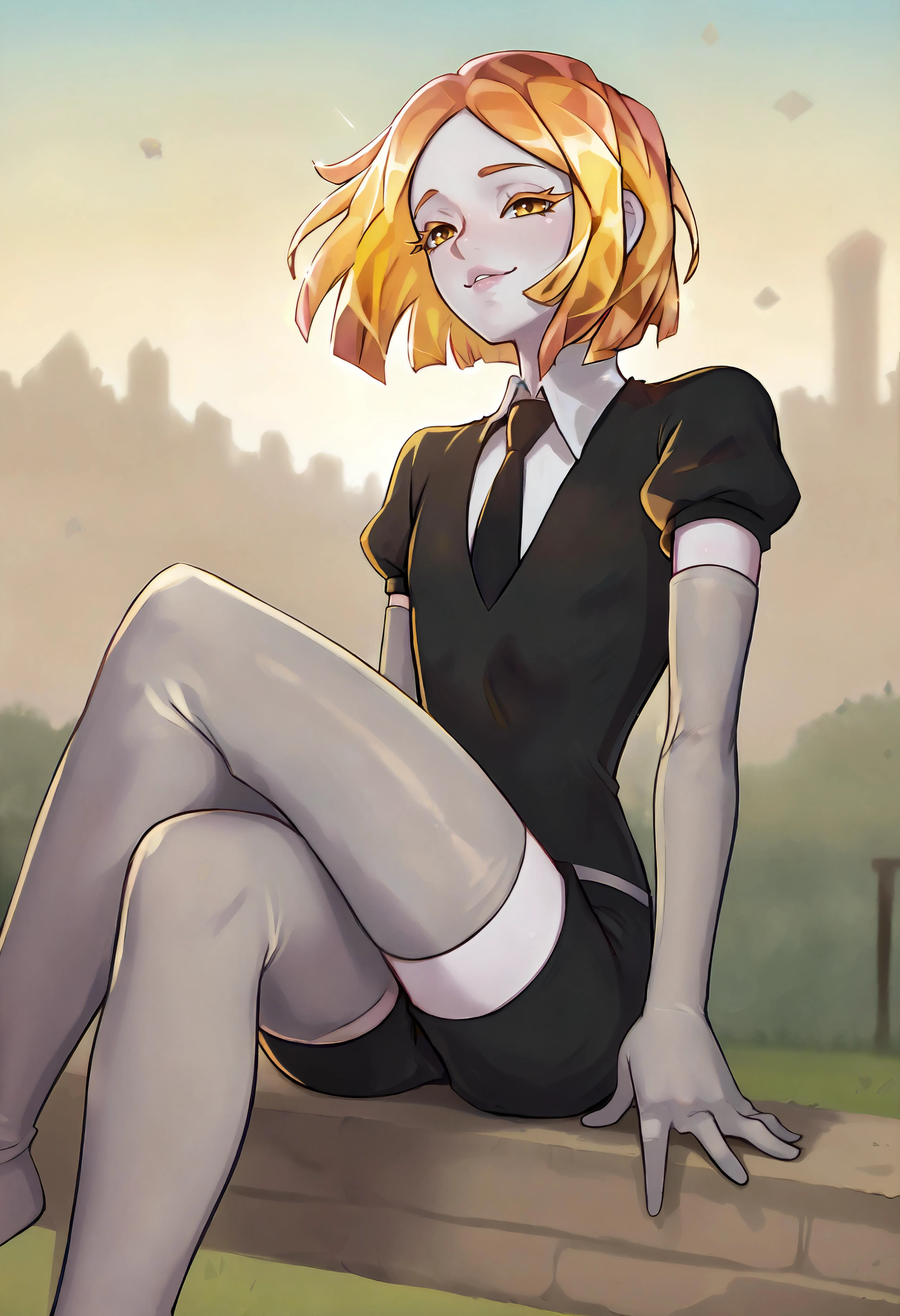 score_9, score_7_up BREAK 1girl,solo,hskylw, medium hair, crystal hair, colored eyelashes, white skin,black shirt, puffy short sleeves, collared shirt, black necktie, elbow gloves, grey gloves, black shorts, grey thighhighs,outdoors,sitting,happy,lips,crossed legs,leaning back <lora:Hoseki_HousekiNoKuni_YellowDiamond_PDXL_v1:0.8> <lora:mixplin_pd:1>