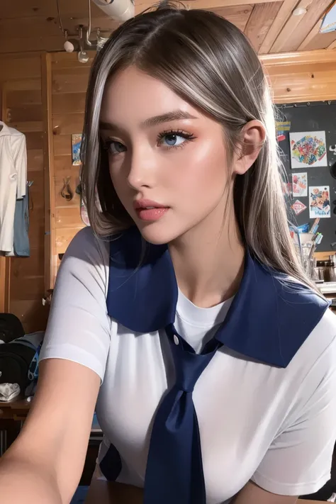 ((masterpiece)), (best quality), photorealistic, best quality, 1 girl, shirt, looking at viewer, Face details:1.4, t-shirt, school uniform, school background:1.4, school Girl, upper body <lora:TanaBaby-01:1>