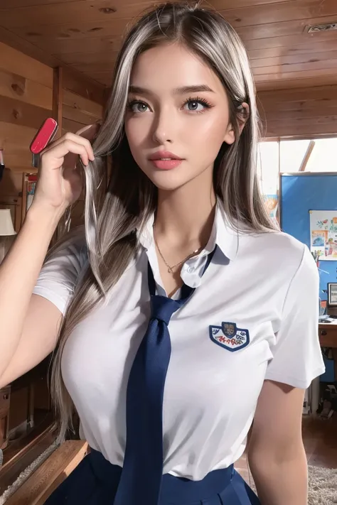 ((masterpiece)), (best quality), photorealistic, best quality, 1 girl, shirt, looking at viewer, Face details:1.4, t-shirt, school uniform, school background:1.4, school Girl, upper body <lora:TanaBaby-01:1>