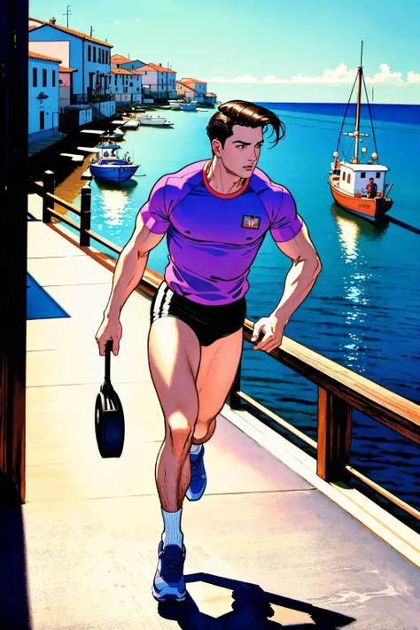 masterpiece of illustration, photorealistic highly detailed professional 8k traditional media image, best hand-drawn quality, volumetric real-time lighting and shadows, Crane Shot, Male Photographer, Doctor's Body Shape, Retro 80s Workout Gear, Slicked-Back Undercut, Running in Action, Colorful Fishing Boats in Coastal Villages, full of busy people