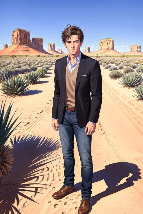 masterpiece ofi llustration, photorealistic highly detailed professional 8k traditional media image, best hand-drawn quality, volumetric real-time lighting and shadows, Tracking Shot, Male Boy, Photographer's Body Shape, Blazer and Jeans, French Crop, Relaxed Standing Pose, Desert Oases full of busy people