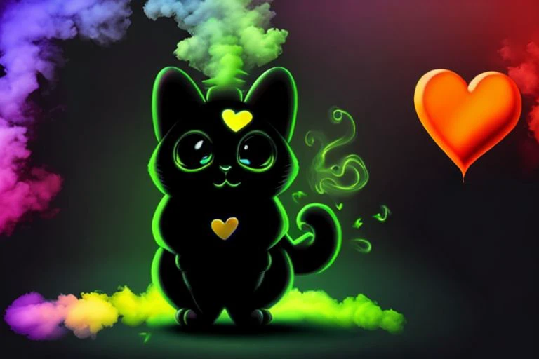 A black and white cat, background is a colorful rainbow smoke, (holding a heart with english text "404"):1., cartoon