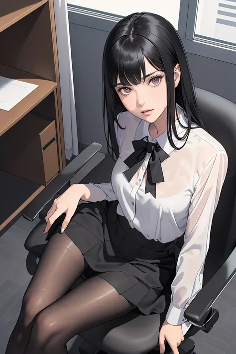 (masterpiece, best quality), a young black haired girl office secretary dressed in a transparent white blouse and black office skirt and black pantyhose ,sitting in an office chair, holding pencil, (detailed skin:1.3),(detailed eyes), (sharp focus),