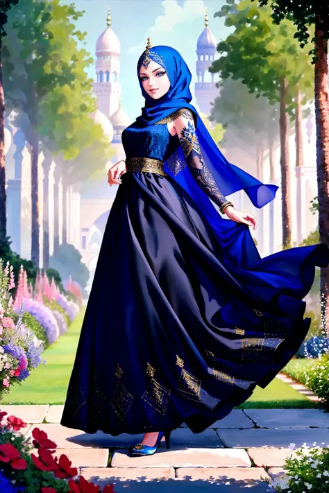 Create a hyper-realistic full-body shot of a smiling 25-year-old German female wearing a hejab and red ballgown dress, with blue eyes and jewelry art in silver. The subject is standing in a garden surrounded by green flowers and trees, and has intricate shape tattoos on their face. The image has dynamic posing and a detailed Arabic face, with an aspiring facial expression that conveys confidence and grace. The lighting is cinematic and the photograph is ultra-detailed, with 8k resolution and sharp focus. The jewelry art is intricate and detailed, and the subjectâs skin and eyes are rendered in exquisite detail.