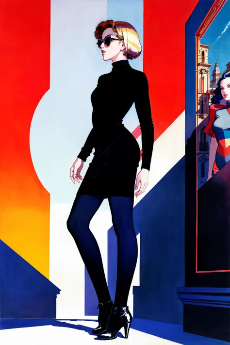 front profile full body Photography, in font of a rusty billboard, a hip hop 80's British model woman with 50's haircut, in a white and red zig zag stripes turtleneck dress and large sunglasses, 80 degree view, art by Sergio Lopez , Natalie Shau, james jean and salvador dali