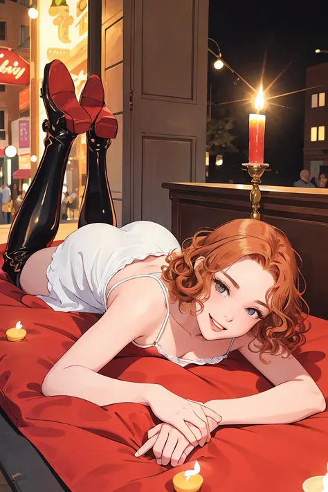 (masterpiece, best quality),female teenager, sturdy, european, black eyes, unlobed ears,  pointed chin, square jaw, round cheeks, unique forehead,  petite frame,   , strawberry blonde curly haircut hair, joy wearing slip dress, bralette, boots, , lying on stomach with legs raised, lying on the stomach with legs raised, showcasing elegance and allure, candlelight, flickering, intimate glow that casts dancing shadows on the characters faces, a lively street fair, with food stalls, live music, and laughter