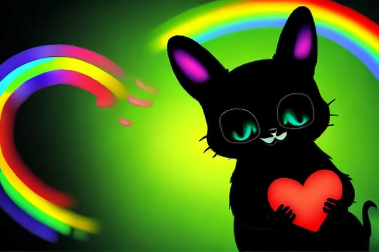 A black and white cat, background is a colorful rainbow smoke, (holding a heart with english text "404"):1., cartoon
